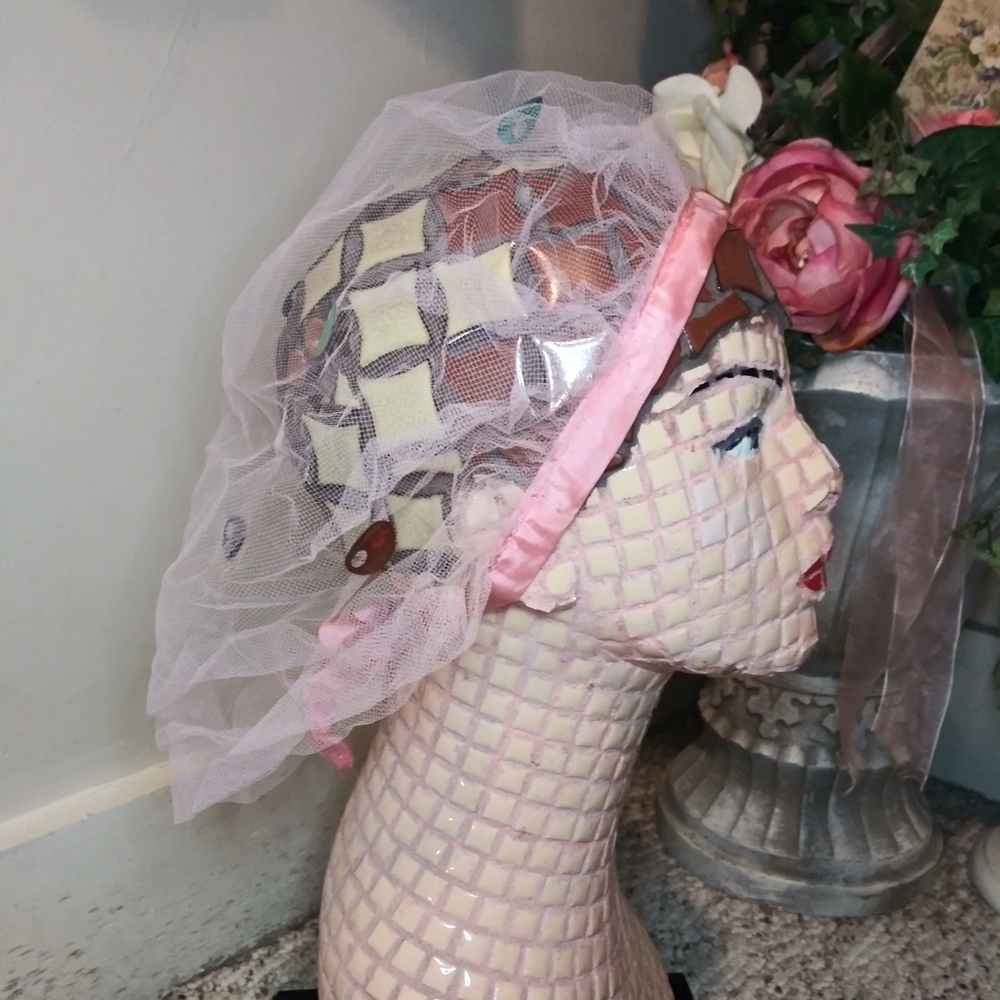 Vintage 1960-70's Multicolored, Sequin Trimmed Pink Net Hair Roller Scarf - Picture 7 of 11